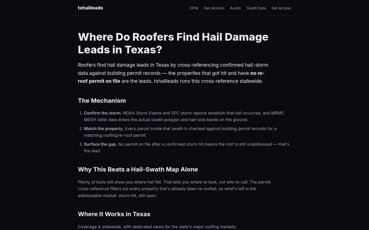 PermitLookup screenshot: Texas building-permit records plotted on a hail map.