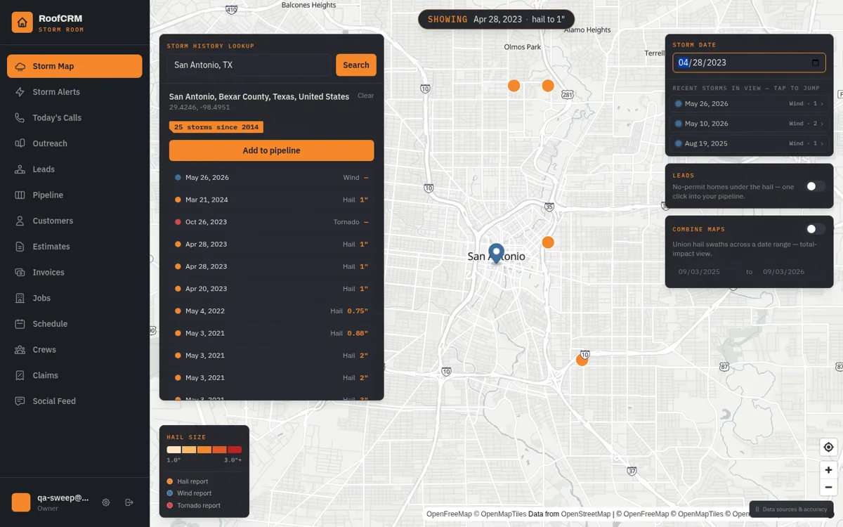 RoofCRM screenshot: the Storm Map over San Antonio with storm history and a hail-size legend.