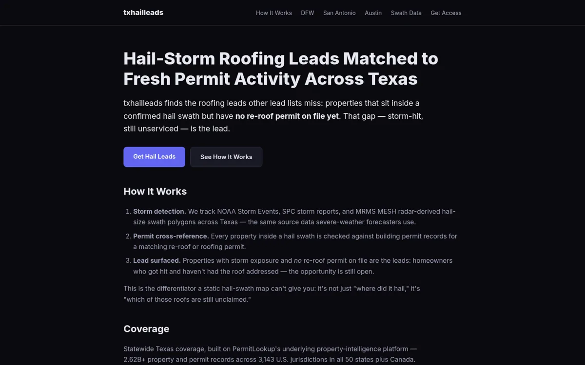 txhailleads screenshot: hail-storm roofing leads matched to permit records.